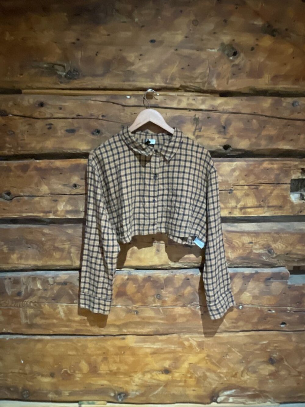 Brown H&M Plaid Cropped Button-Up Top